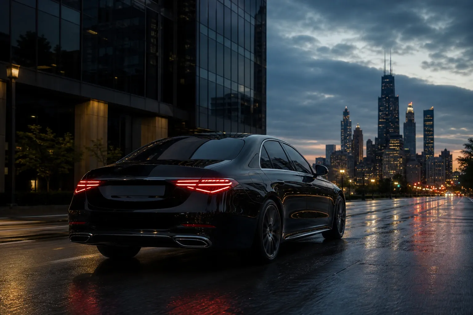 Chauffeur driving a luxury vehicle at dusk